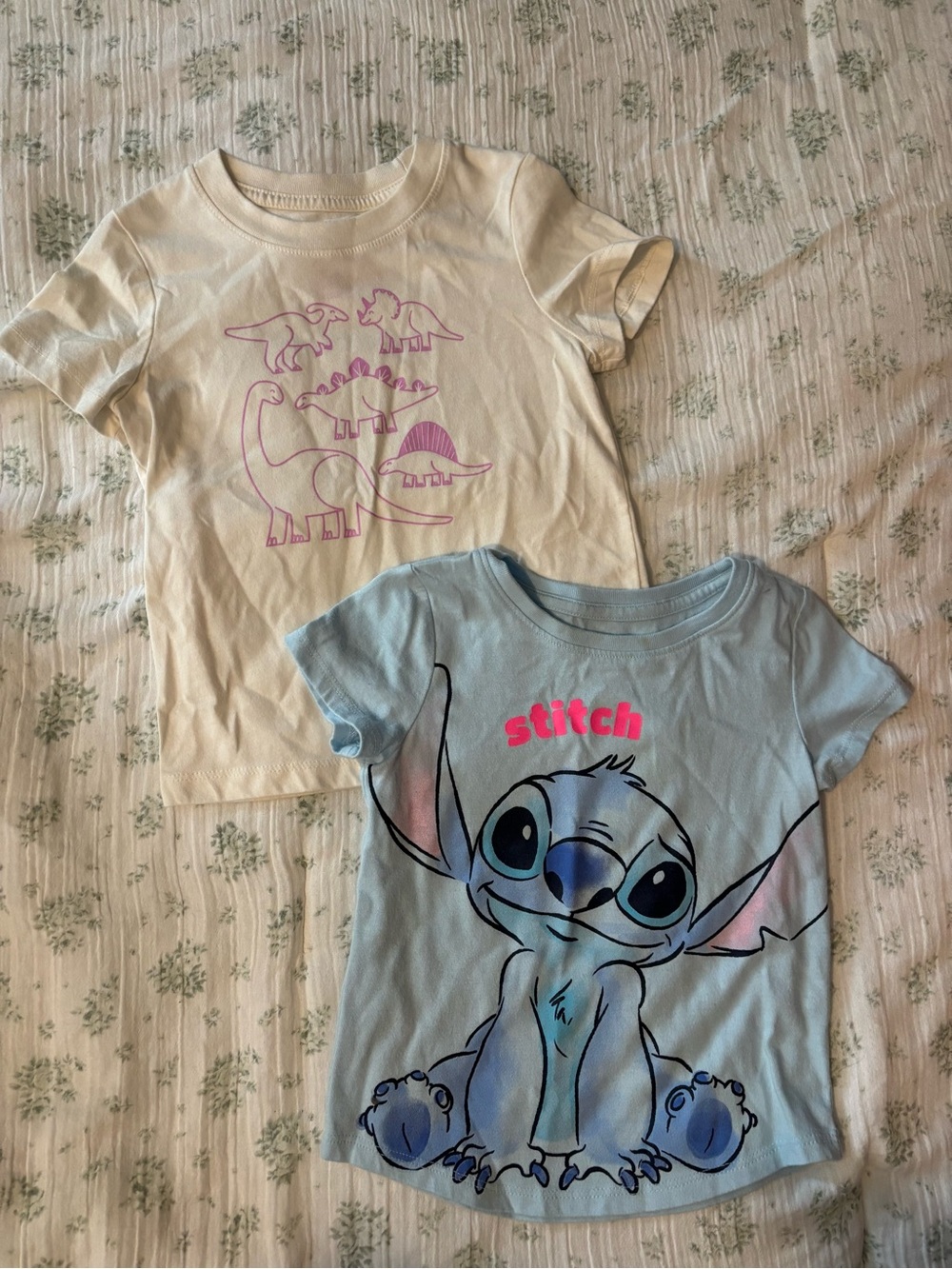 Blue Stitch Graphic Tee & Cream Dinosaur Tee Bundle